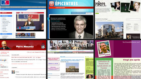 De gauche à droite, en haut : les sites de l'UMP, du Nouveau Centre, de Nathalie Kosciusko-Morizet ; en bas : de Pierre Moscovici, de Ségolène Royal et de Bertrand Delanoë.