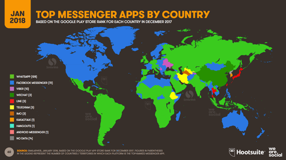 Carte des applications de messagerie dans le monde en 2018