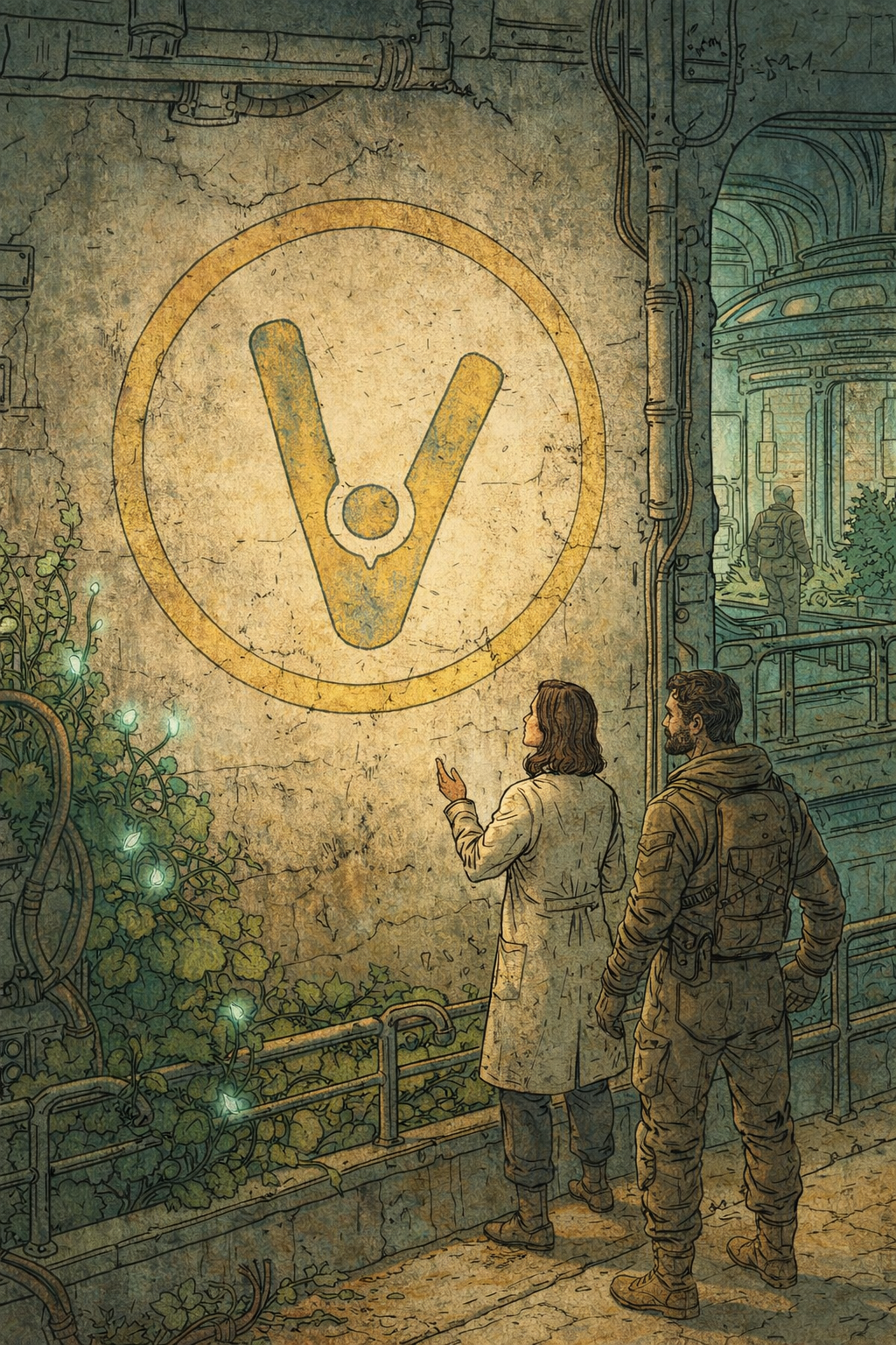 Une illustration de style bande dessinée montrant deux personnes, une femme en blouse blanche et un homme avec un sac à dos tactique, de dos, contemplant le large symbole jaune de Nous Sommes Vivants, gravé sur un mur de béton texturé dans un environnement industriel ou souterrain. À gauche, une plante grimpante avec des bourgeons lumineux remonte le long du mur.